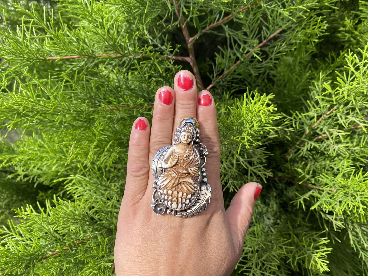 Meditating Buddha Ring Carved on Buffalo Bone, Tibetan Silver Adjustable Unisex Ring, handcrafted jewelry, perfect gift ideas