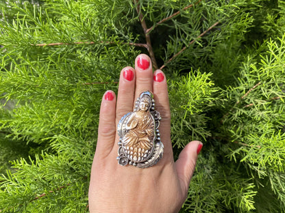 Meditating Buddha Ring Carved on Buffalo Bone, Tibetan Silver Adjustable Unisex Ring, handcrafted jewelry, perfect gift ideas