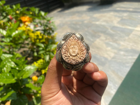 Meditating Buddha Ring Carved on Buffalo Bone, Big Tibetan Silver Ring, Adjustable Ring.