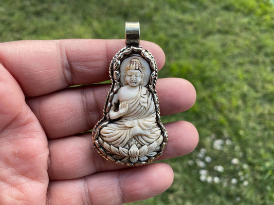 Meditating Buddha Tibetan Silver Pendant, Buffalo Bone Healing Yoga Jewelry, Tranquility Pendant, Spiritual Jewelry, Buddha Bone Pendant