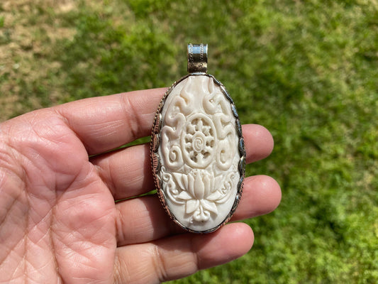 Dharma Chakra Buddhist Symbol with Lotus Flower Tibetan Silver Bone Pendant for Men or Women, Yoga Pendant, Meditation, Wheel of Dharma