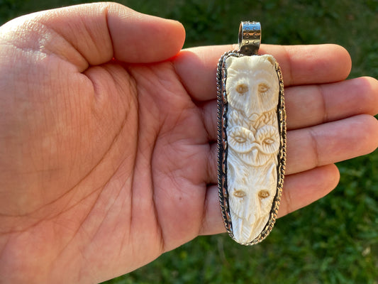 Medium Bear & Owl with Wolf Hand carved Bone Tibetan Silver Pendant, Jewelry for Men/ Women, Animal Lover, Bohemian Jewelry, Tribal Jewelry