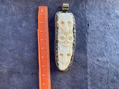 Medium Bear & Owl with Wolf Hand carved Bone Tibetan Silver Pendant, Jewelry for Men/ Women, Animal Lover, Bohemian Jewelry, Tribal Jewelry