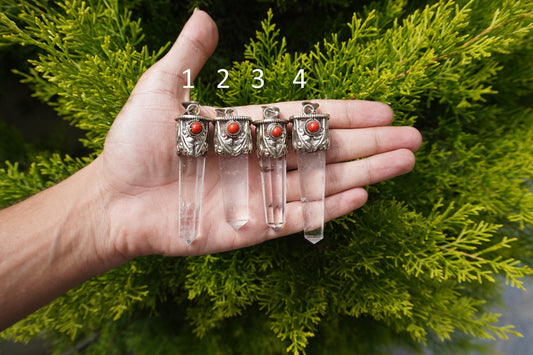 Medium Pointed Crystal Pendant with Red Coral in Tibetan Silver | Unique Design, Handmade Hammered Jewelry, Unisex Daily Wear Gift Idea