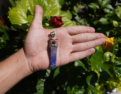 Medium Pointed Lapis Lazuli with Red Coral Tibetan Silver Pendant | Unique Design, Hammered Pendant, Unique jewelry, Gift ideas for him/her