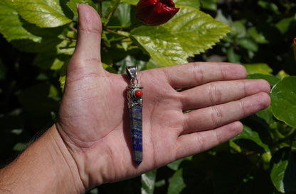 Medium Pointed Lapis Lazuli with Red Coral Tibetan Silver Pendant | Unique Design, Hammered Pendant, Unique jewelry, Gift ideas for him/her