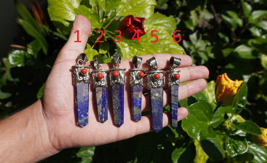 Medium Pointed Lapis Lazuli with Red Coral Tibetan Silver Pendant | Unique Design, Hammered Pendant, Unique jewelry, Gift ideas for him/her