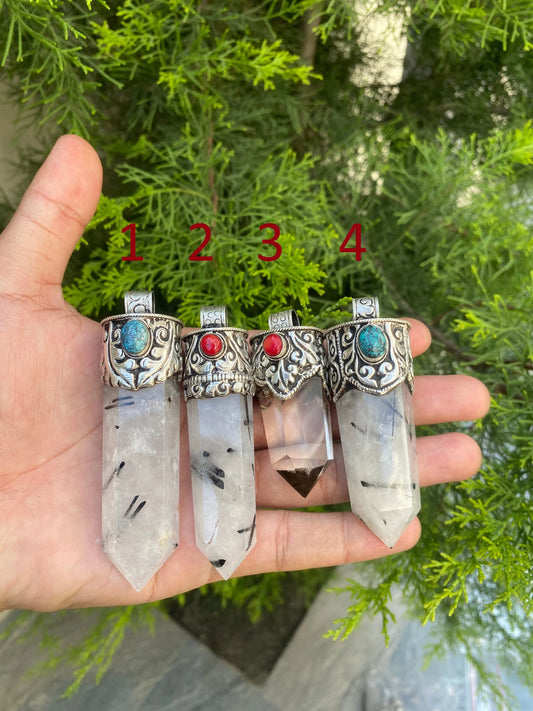 Moon stone and Crystal adorned with Coral and Turquoise