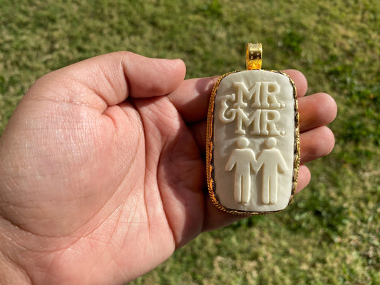 Mr and Mr Gay Wedding Bone Carved 18K Brushed Gold Overlay Pendant, LGBT Wedding Gift, Same Sex Marriage, Gay Wedding Gift, Gay Pride Gift