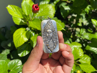 Mystical Strength: Brass Pendant Featuring Goddess Kali, Hindu goddess inspired pendant, Silver overlay pendant for Unique daily wear.