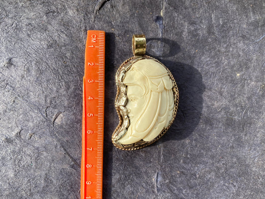Native American Shaman Amulet Carved Bone Tibetan Silver Pendant, Wolf Goddess, Warrior Pendant, Bone Carved Wolf Pendant for Necklace