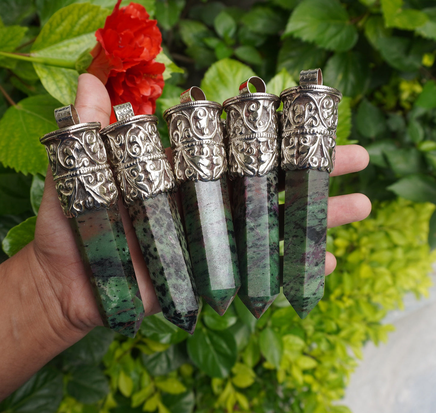 Natural African Ruby Zoisite Stone Pendant with Tibetan Silver Details and Turquoise highlight, Aesthetic Point, Unique Natural Gemstone.