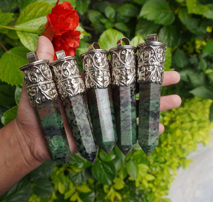 Natural African Ruby Zoisite Stone Pendant with Tibetan Silver Details and Turquoise highlight, Aesthetic Point, Unique Natural Gemstone.