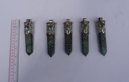 Natural African Ruby Zoisite Stone Pendant with Tibetan Silver Details and Turquoise highlight, Aesthetic Point, Unique Natural Gemstone.