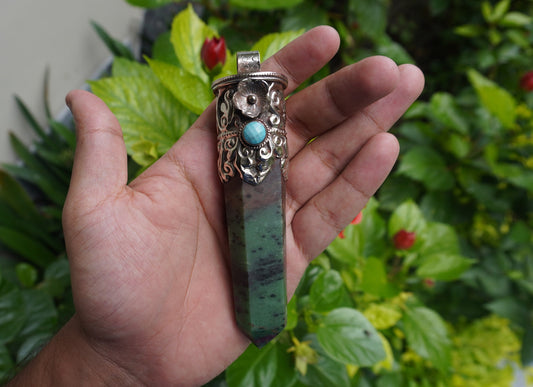Natural African Ruby Zoisite Stone Pendant with Tibetan Silver Details and Turquoise highlight, Aesthetic Point, Unique Natural Gemstone.