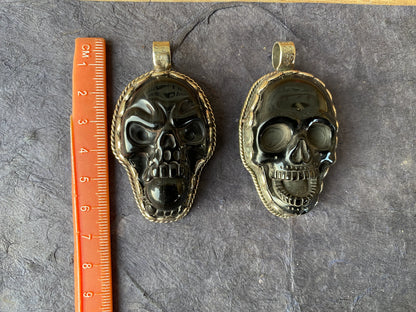 Natural Black Obsidian Skull Tibetan Silver Pendant, Healing Crystal pendant, Men's or Women Jewelry, Natural Stone Skull, Gemstone Skull