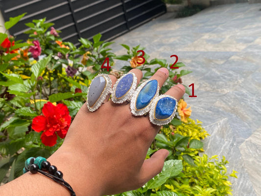 Natural Druzy Agate Two Tone Ring, Handmade Adjustable Ring, Unisex Ring.