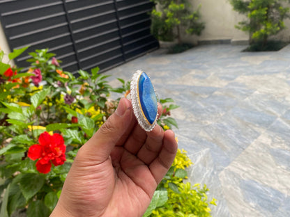 Natural Druzy Agate Two Tone Ring, Handmade Adjustable Ring, Unisex Ring.