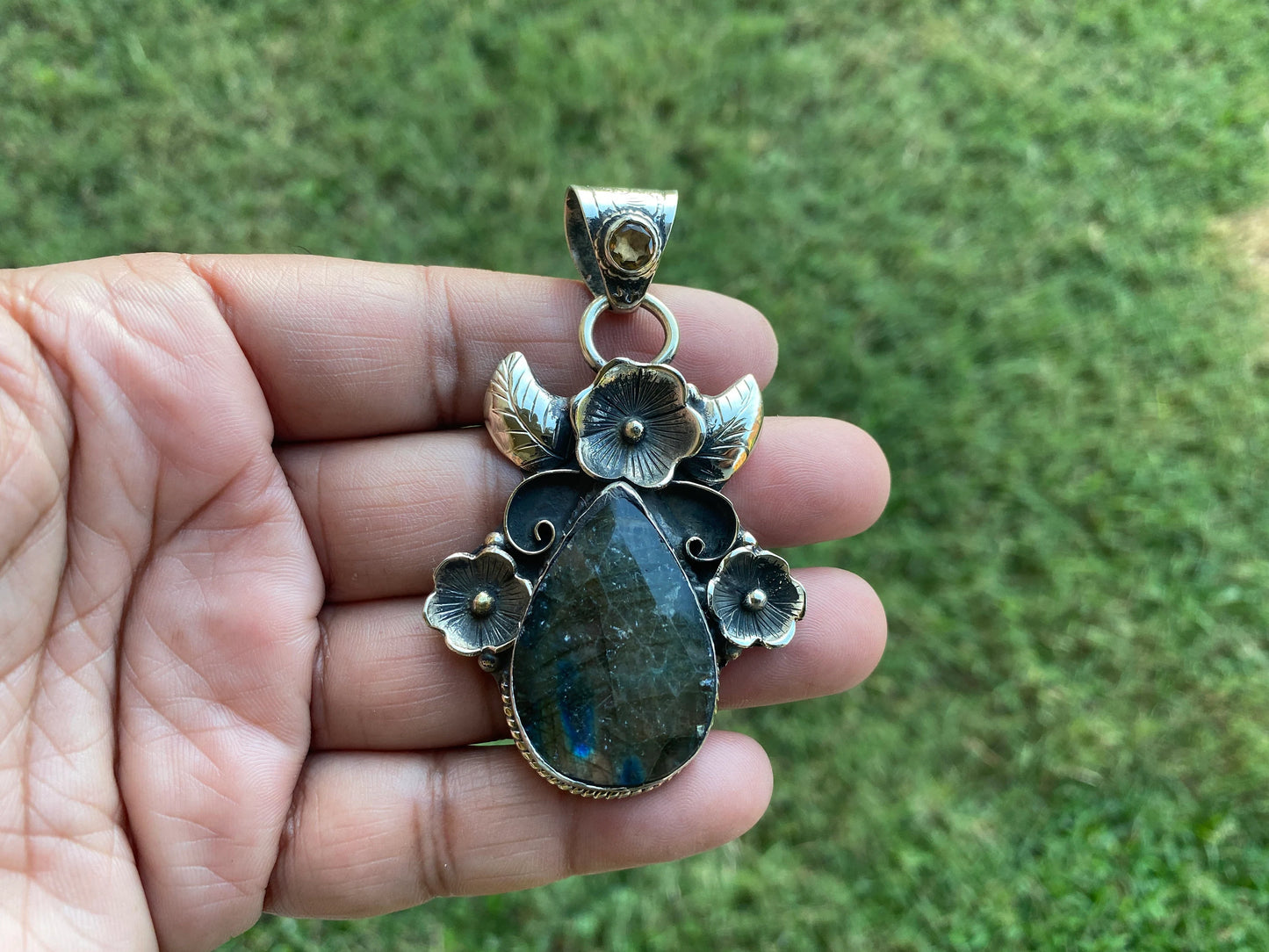 Natural Labradorite Tibetan Silver Pendant with Citrine Gemstone, Healing Crystal, Birthday Gift, Birthstone Jewelry, Native American Style