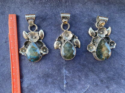 Natural Labradorite Tibetan Silver Pendant with Citrine Gemstone, Healing Crystal, Birthday Gift, Birthstone Jewelry, Native American Style