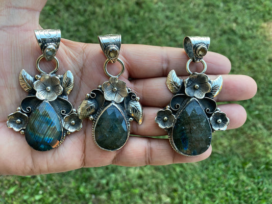 Natural Labradorite Tibetan Silver Pendant with Citrine Gemstone, Healing Crystal, Birthday Gift, Birthstone Jewelry, Native American Style