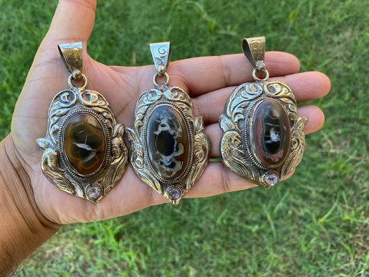Natural Mud crack Fossil Pendant With Tibetan Silver, Pendant Necklace Big Size Gemstone Handmade Gemstone Jewelry Gift, Genuine Gemstone
