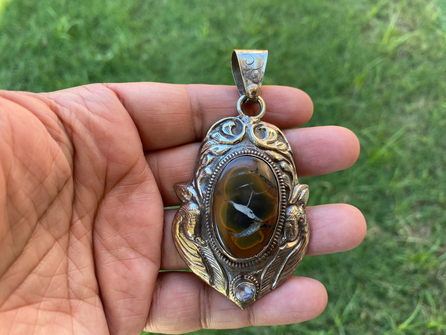 Natural Mud crack Fossil Pendant With Tibetan Silver, Pendant Necklace Big Size Gemstone Handmade Gemstone Jewelry Gift, Genuine Gemstone