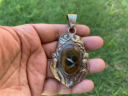 Natural Mud crack Fossil Pendant With Tibetan Silver, Pendant Necklace Big Size Gemstone Handmade Gemstone Jewelry Gift, Genuine Gemstone