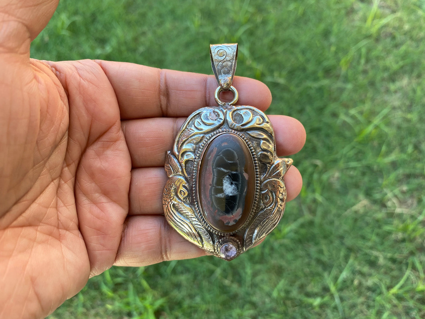 Natural Mud crack Fossil Pendant With Tibetan Silver, Pendant Necklace Big Size Gemstone Handmade Gemstone Jewelry Gift, Genuine Gemstone