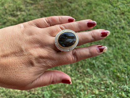 Natural Pietersite Adjustable Two Tone Ring, Gold with Silver Overlay, Fashion Ring, Unique Jewelry, Gemstone Ring, Elegant jewelry