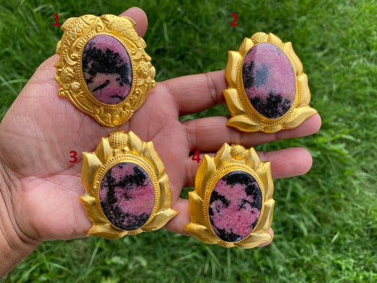 Natural Pink & Black Rhodonite Pendant, High Quality 18K Brushed Gold Overlay, Non Tarnish Jewelry, Women's Jewelry, Healing Crystal