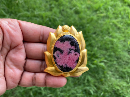 Natural Pink & Black Rhodonite Pendant, High Quality 18K Brushed Gold Overlay, Non Tarnish Jewelry, Women's Jewelry, Healing Crystal