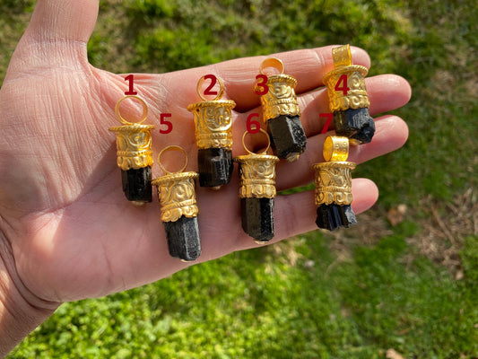 Raw Black Tourmaline Brushed Gold Overlay Non Tarnish Pendant, Natural Pointed Crystal, Black Tourmaline Gemstone, High Energy Stone Pendant