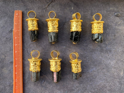 Raw Black Tourmaline Brushed Gold Overlay Non Tarnish Pendant, Natural Pointed Crystal, Black Tourmaline Gemstone, High Energy Stone Pendant