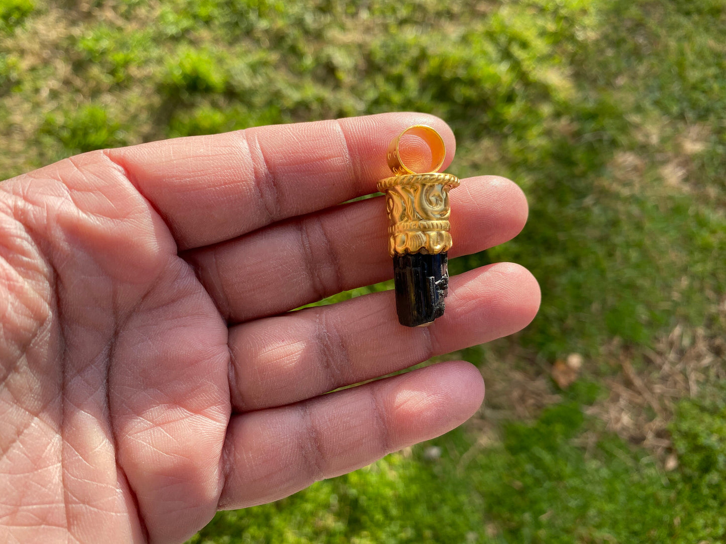 Raw Black Tourmaline Brushed Gold Overlay Non Tarnish Pendant, Natural Pointed Crystal, Black Tourmaline Gemstone, High Energy Stone Pendant