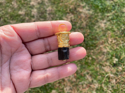 Raw Black Tourmaline Brushed Gold Overlay Non Tarnish Pendant, Natural Pointed Crystal, Black Tourmaline Gemstone, High Energy Stone Pendant