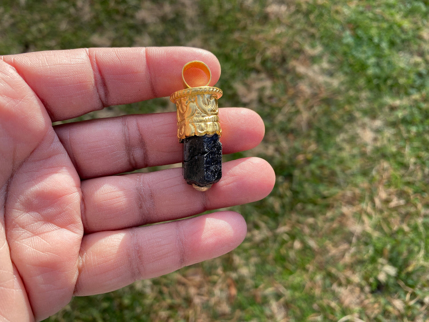 Raw Black Tourmaline Brushed Gold Overlay Non Tarnish Pendant, Natural Pointed Crystal, Black Tourmaline Gemstone, High Energy Stone Pendant