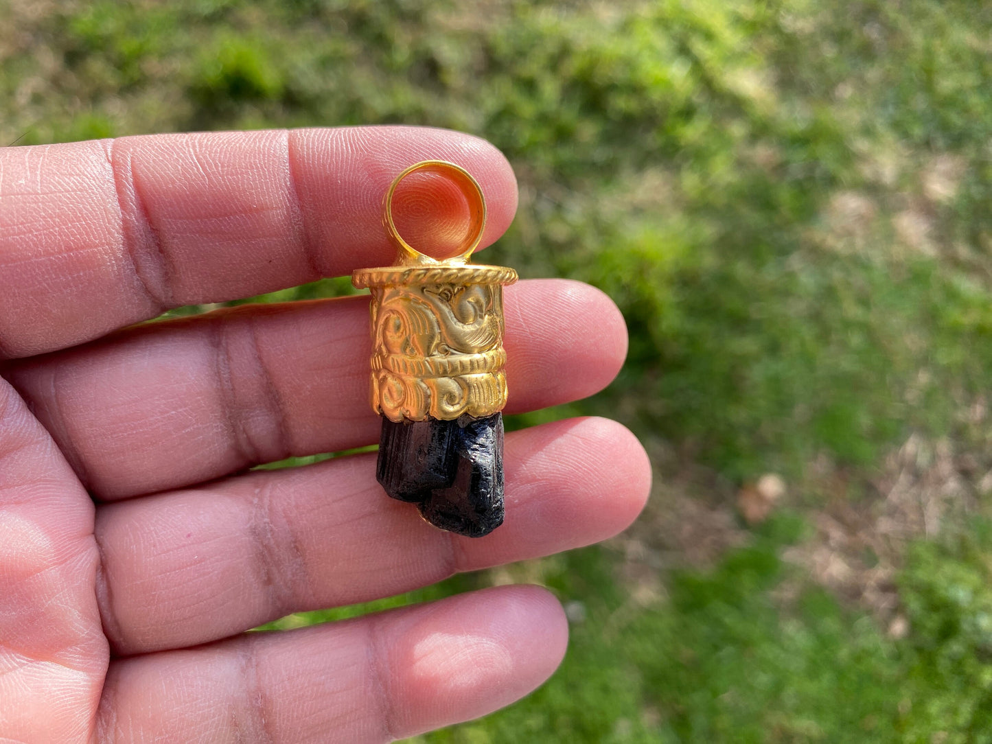 Raw Black Tourmaline Brushed Gold Overlay Non Tarnish Pendant, Natural Pointed Crystal, Black Tourmaline Gemstone, High Energy Stone Pendant