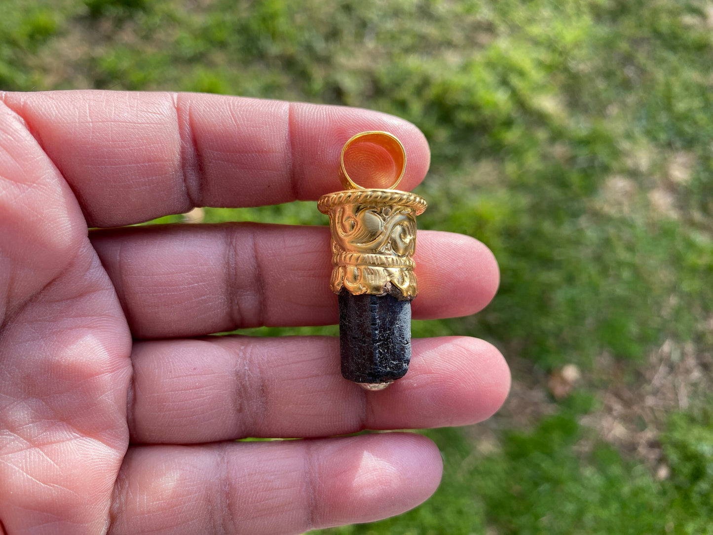 Raw Black Tourmaline Brushed Gold Overlay Non Tarnish Pendant, Natural Pointed Crystal, Black Tourmaline Gemstone, High Energy Stone Pendant