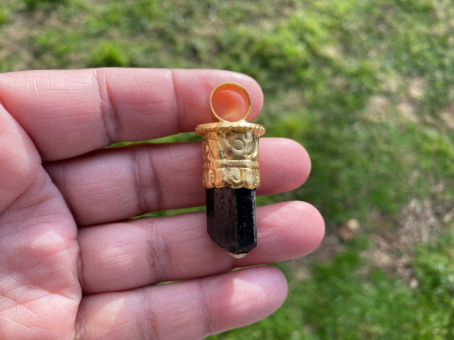 Raw Black Tourmaline Brushed Gold Overlay Non Tarnish Pendant, Natural Pointed Crystal, Black Tourmaline Gemstone, High Energy Stone Pendant