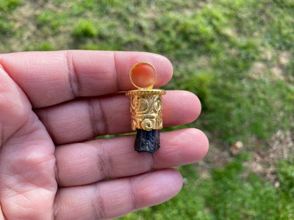 Raw Black Tourmaline Brushed Gold Overlay Non Tarnish Pendant, Natural Pointed Crystal, Black Tourmaline Gemstone, High Energy Stone Pendant