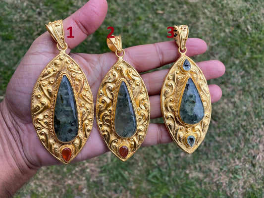Natural Prehnite with Carnelian or Lemon Topaz Gemstone Pendant, Non Tarnish Brushed Gold Overlay, Elegant Jewelry, Luxury Gold Jewelry