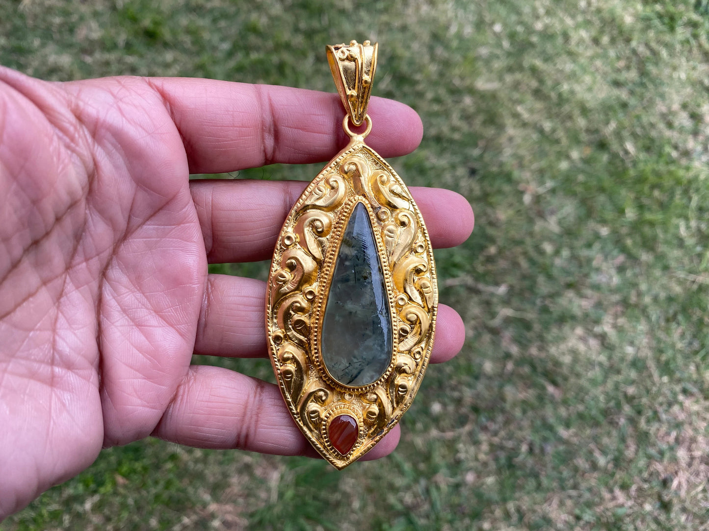 Natural Prehnite with Carnelian or Lemon Topaz Gemstone Pendant, Non Tarnish Brushed Gold Overlay, Elegant Jewelry, Luxury Gold Jewelry