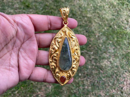 Natural Prehnite with Carnelian or Lemon Topaz Gemstone Pendant, Non Tarnish Brushed Gold Overlay, Elegant Jewelry, Luxury Gold Jewelry