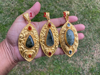 Natural Prehnite with Carnelian or Lemon Topaz Gemstone Pendant, Non Tarnish Brushed Gold Overlay, Elegant Jewelry, Luxury Gold Jewelry