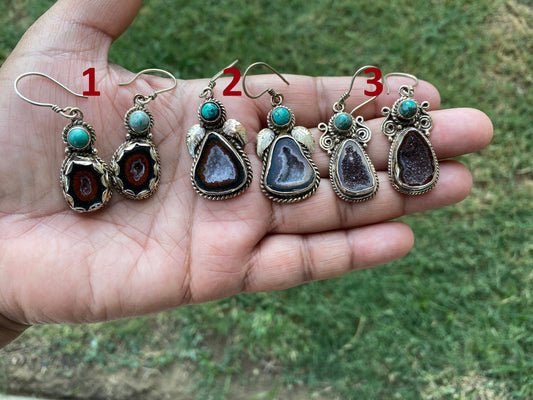 Natural Raw Geode with Turquoise Dangle Earrings, Healing Druzy Agate Drop Earrings, Inner Peace Jewelry, Energy Protection Balance Earrings