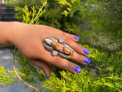 Natural Spiny Oyster Boho Ring, Tibetan Silver, Hammered Ring, For daily use, Healing Ring.