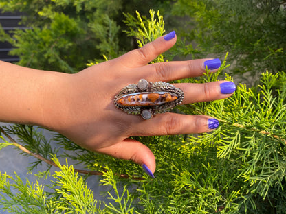 Natural Spiny Oyster Boho Ring, Tibetan Silver, Hammered Ring, For daily use, Healing Ring.