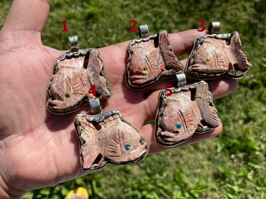 Natural Stone Carved Fish Figurine Soapstone Tibetan Silver Pendant, Totem Animal Soapstone, Spirit Animal Gift, Fish Lover Jewelry,