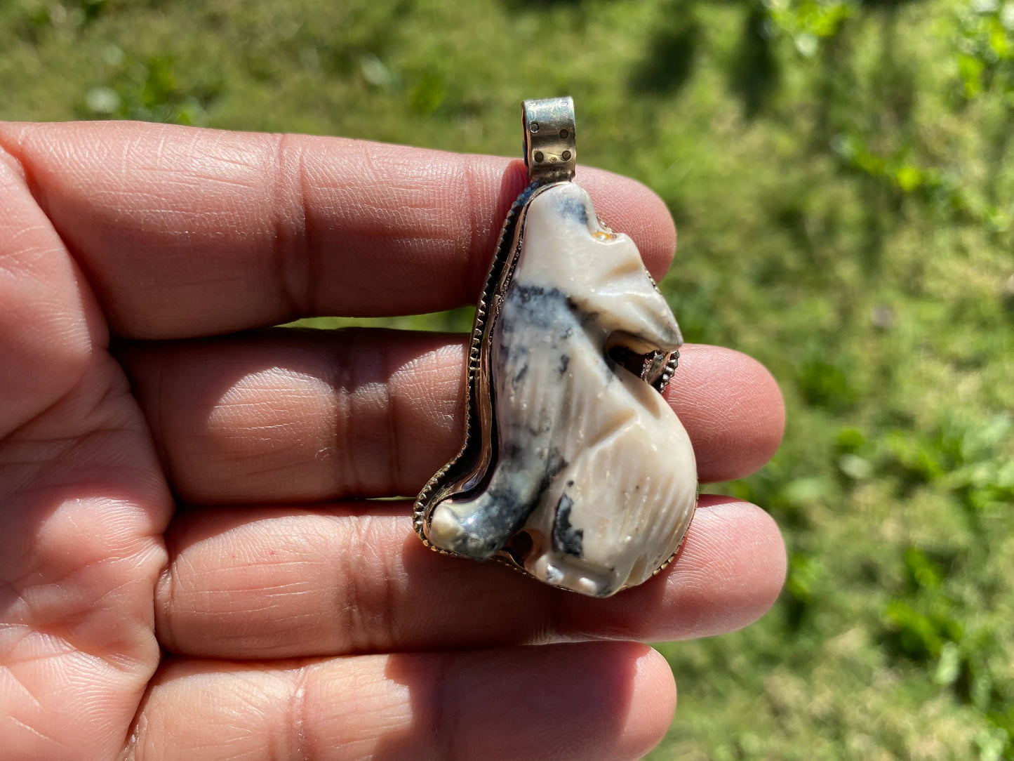 Natural Stone Carved Puppy Dog Figurine Soapstone Tibetan Silver Pendant, Totem Animal Soapstone, Spirit Animal Gift, Animal Lover Jewelry